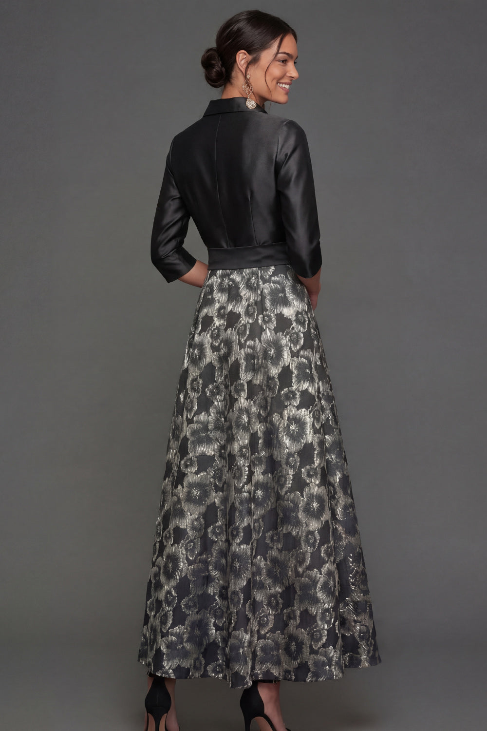 Black A Line Floral Collar Neck Satin Long Formal Dress