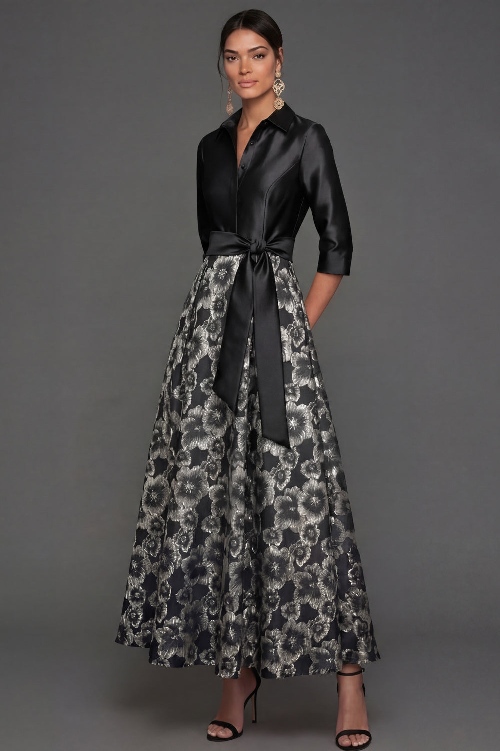 Black A Line Floral Collar Neck Satin Long Formal Dress