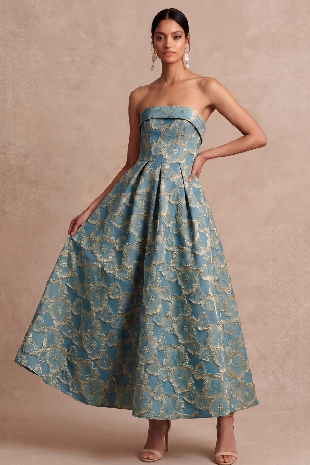 Dusty Blue Strapless Backless A Line Floral Midi Wedding Guest Dress