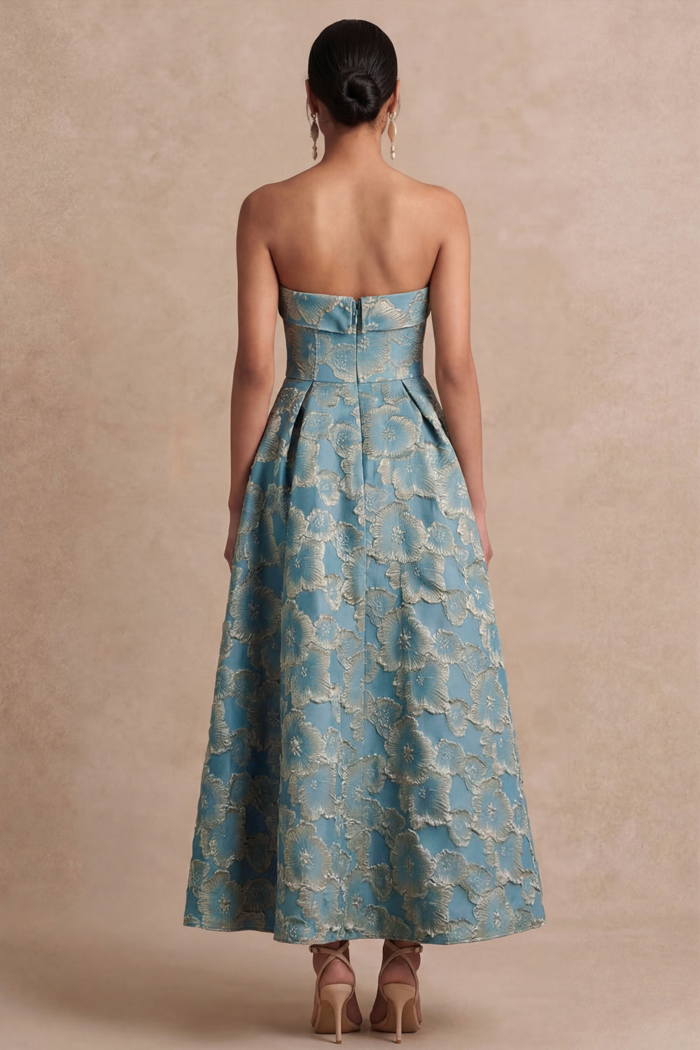 Dusty Blue Strapless Backless A Line Floral Midi Wedding Guest Dress