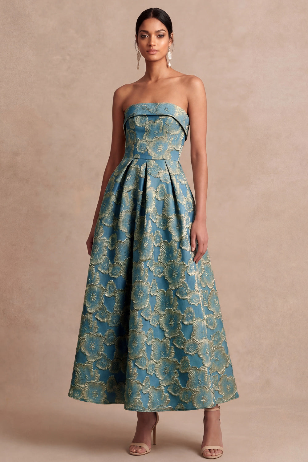 Dusty Blue Strapless Backless A Line Floral Midi Wedding Guest Dress