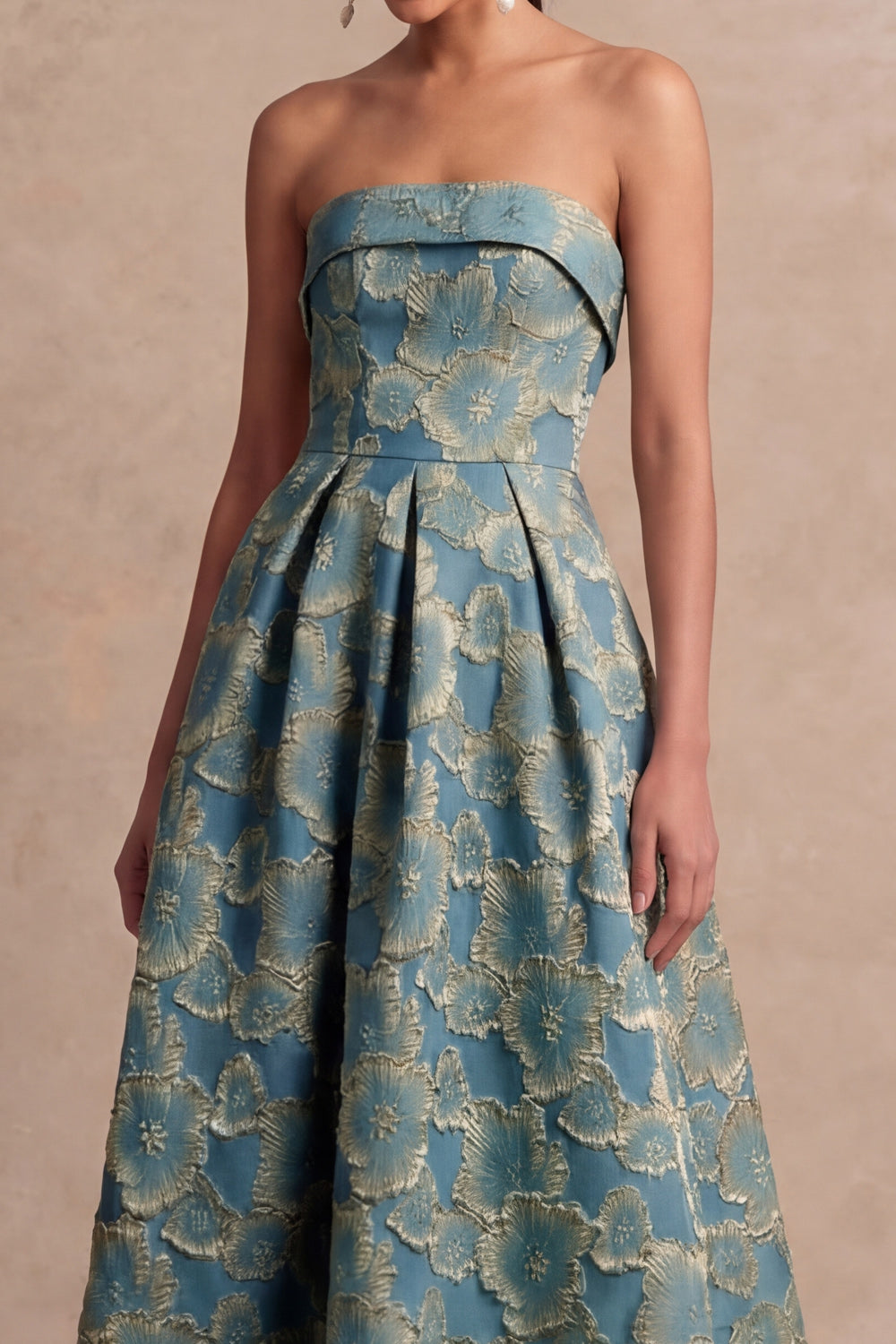 Dusty Blue Strapless Backless A Line Floral Midi Wedding Guest Dress