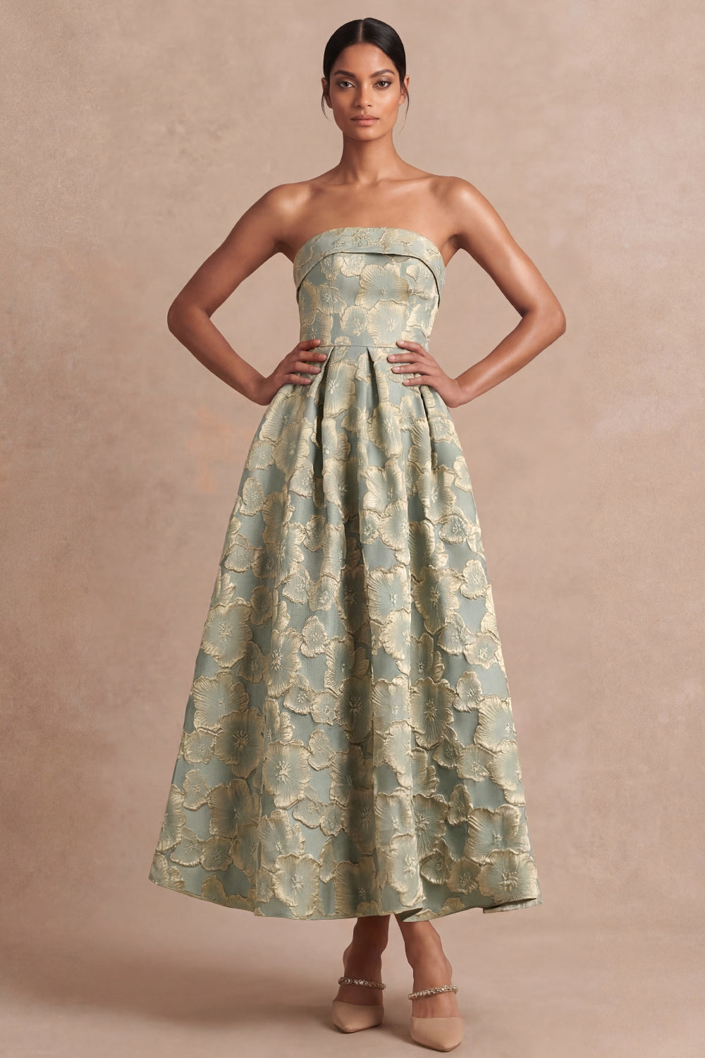 Dusty Blue Strapless Backless A Line Floral Midi Wedding Guest Dress