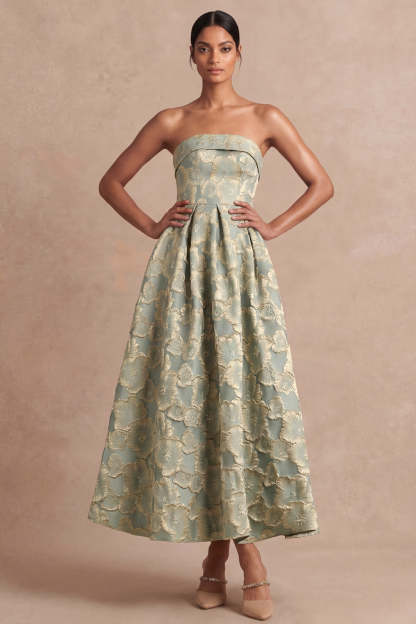 Dusty Blue Strapless Backless A Line Floral Midi Wedding Guest Dress