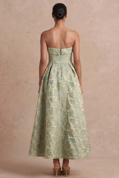 Dusty Blue Strapless Backless A Line Floral Midi Wedding Guest Dress