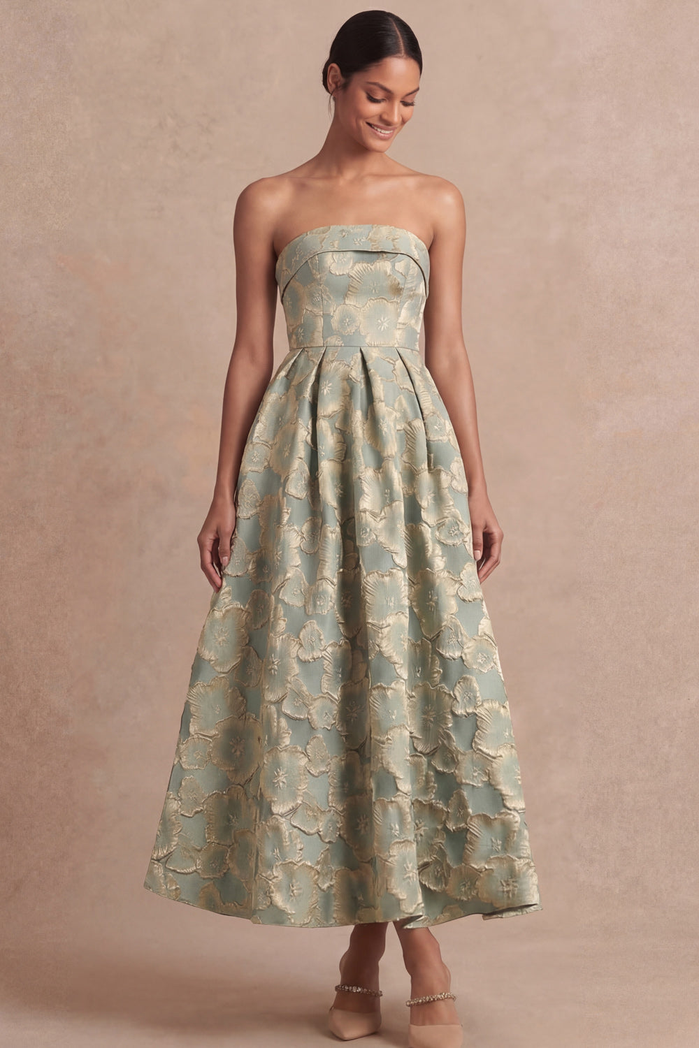 Dusty Blue Strapless Backless A Line Floral Midi Wedding Guest Dress