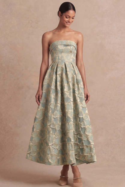 Dusty Blue Strapless Backless A Line Floral Midi Wedding Guest Dress