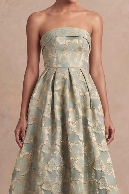 Dusty Blue Strapless Backless A Line Floral Midi Wedding Guest Dress