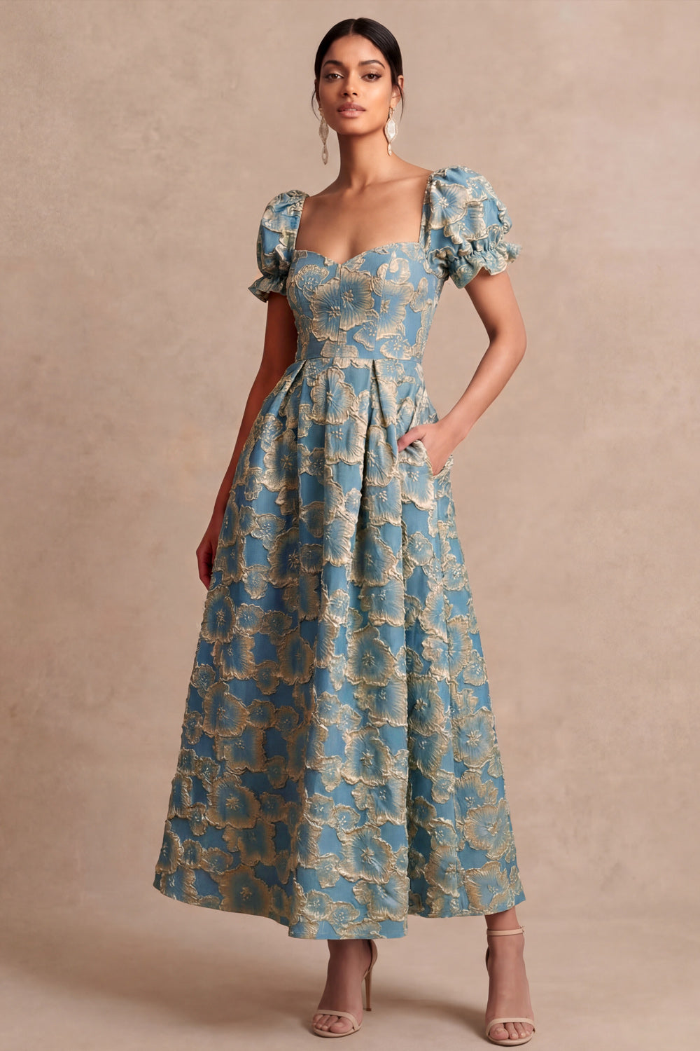 Dusty Blue A Line Floral Puff Sleeves Sweetheart Midi Formal Dress