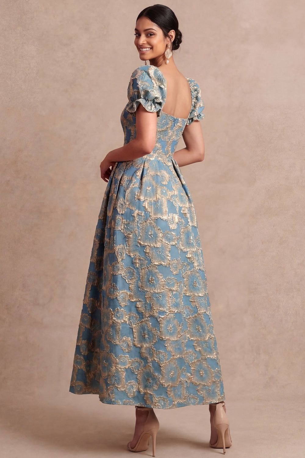 Dusty Blue A Line Floral Puff Sleeves Sweetheart Midi Formal Dress