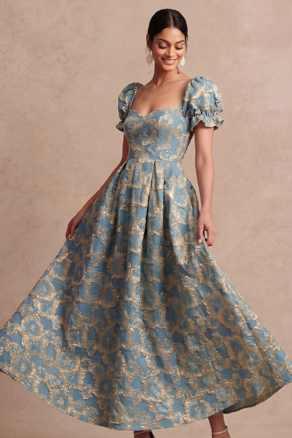 Dusty Blue A Line Floral Puff Sleeves Sweetheart Midi Formal Dress