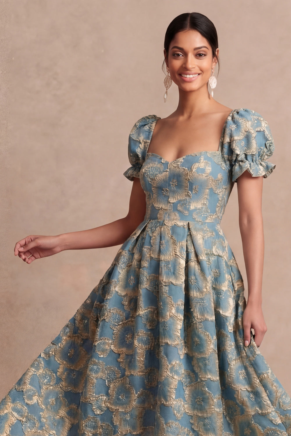 Dusty Blue A Line Floral Puff Sleeves Sweetheart Midi Formal Dress