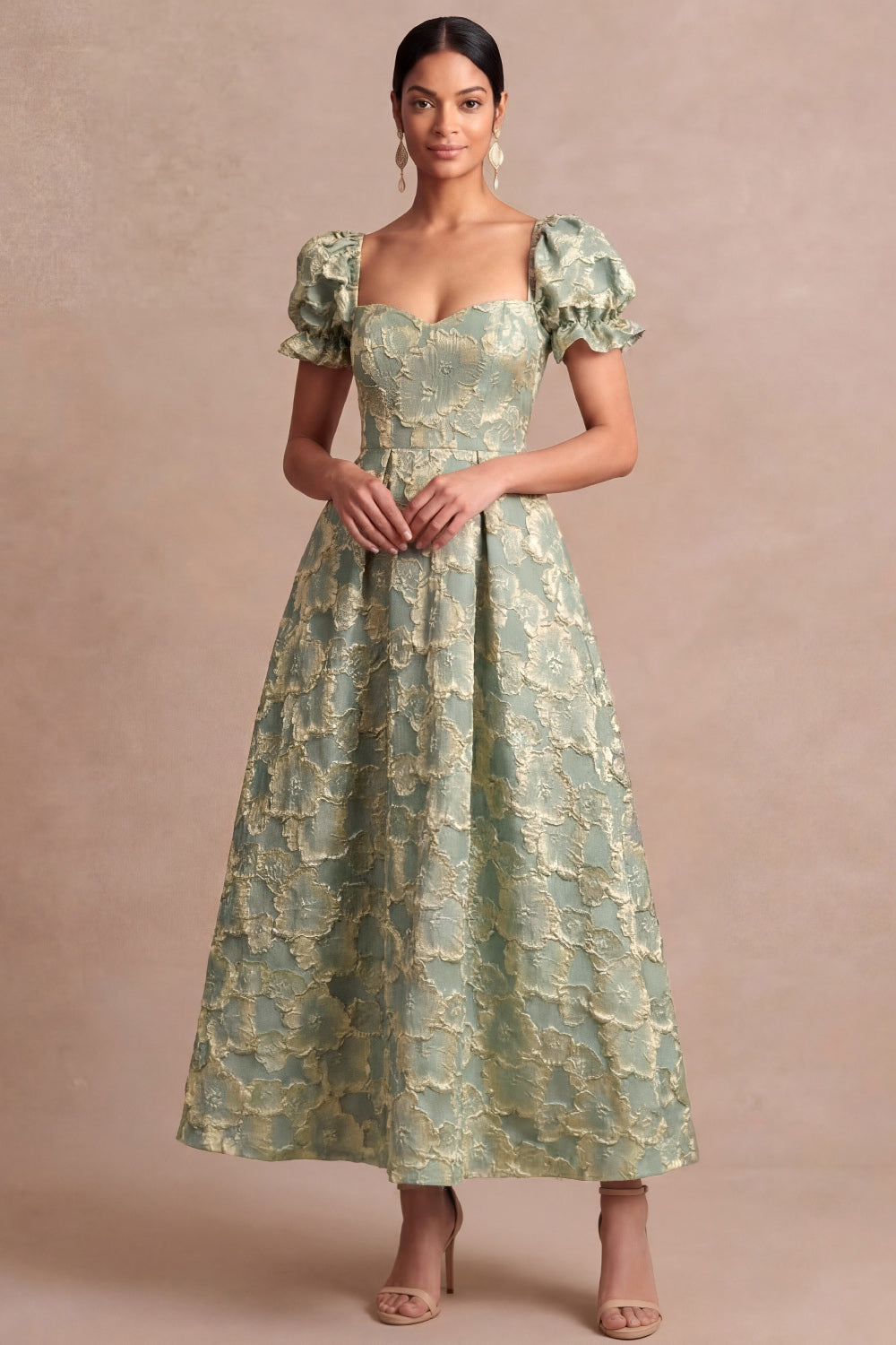 Dusty Blue A Line Floral Puff Sleeves Sweetheart Midi Formal Dress