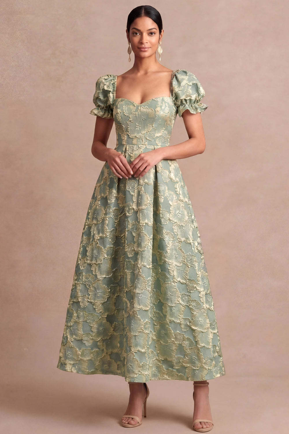 Dusty Blue A Line Floral Puff Sleeves Sweetheart Midi Formal Dress