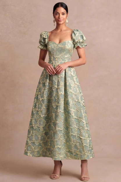 Dusty Blue A Line Floral Puff Sleeves Sweetheart Midi Formal Dress
