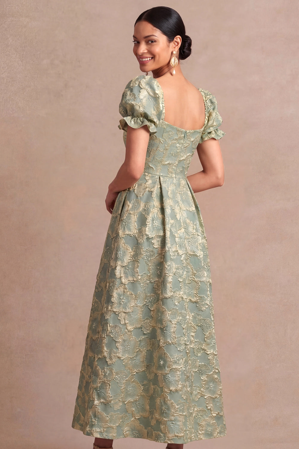 Dusty Blue A Line Floral Puff Sleeves Sweetheart Midi Formal Dress