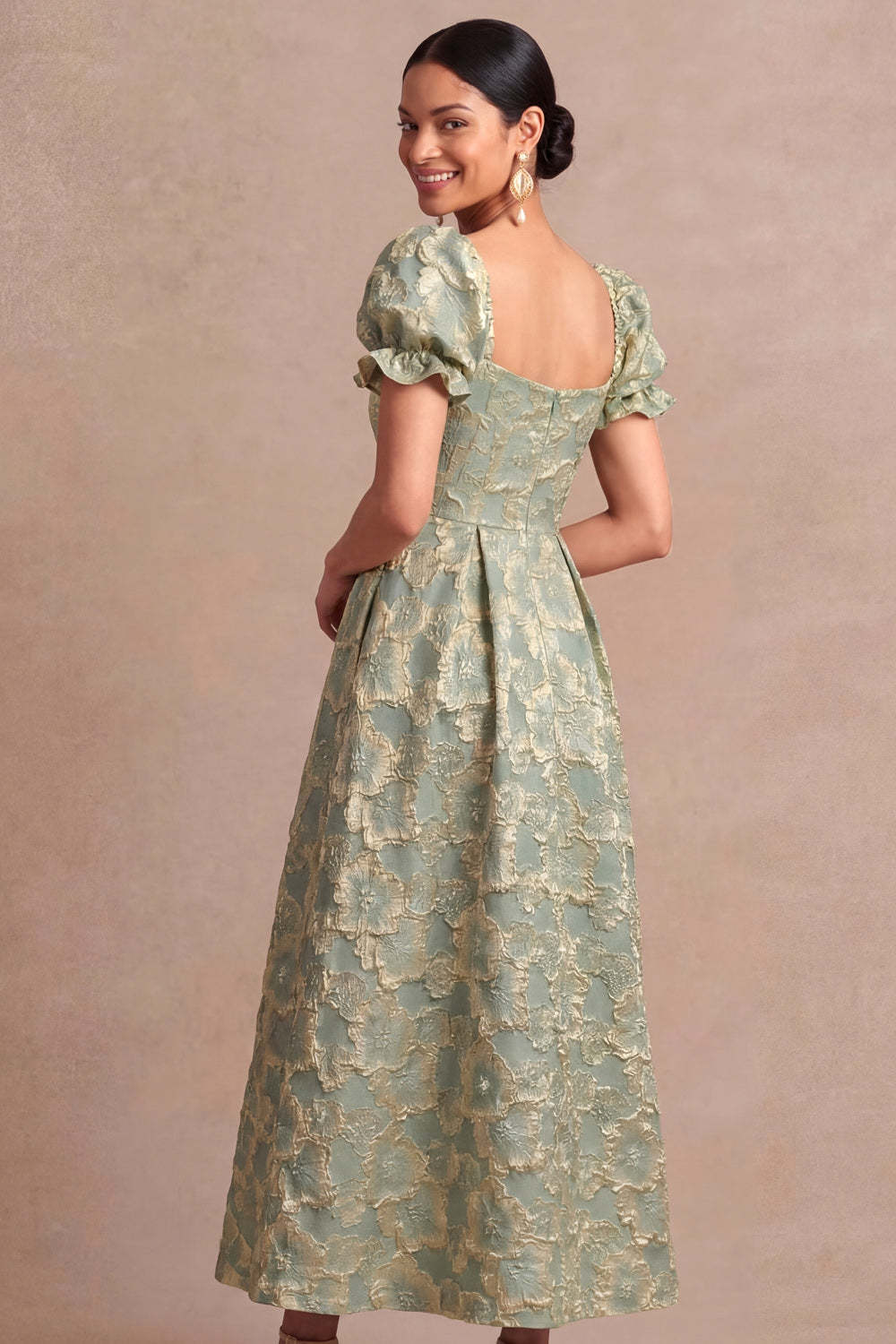 Dusty Blue A Line Floral Puff Sleeves Sweetheart Midi Formal Dress