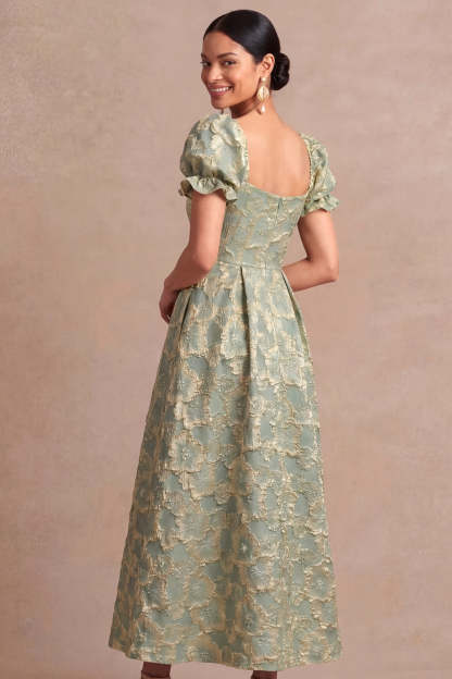 Dusty Blue A Line Floral Puff Sleeves Sweetheart Midi Formal Dress