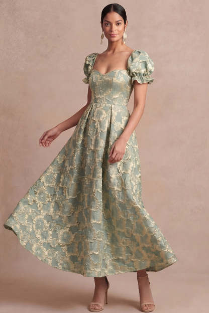 Dusty Blue A Line Floral Puff Sleeves Sweetheart Midi Formal Dress