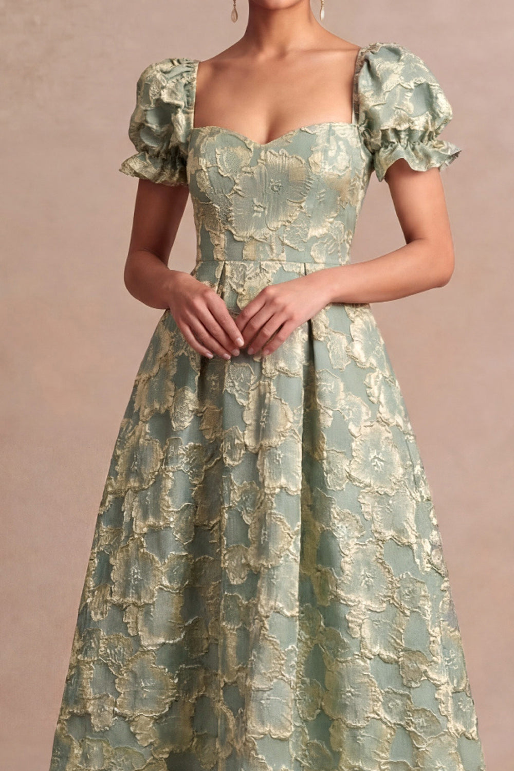 Dusty Blue A Line Floral Puff Sleeves Sweetheart Midi Formal Dress