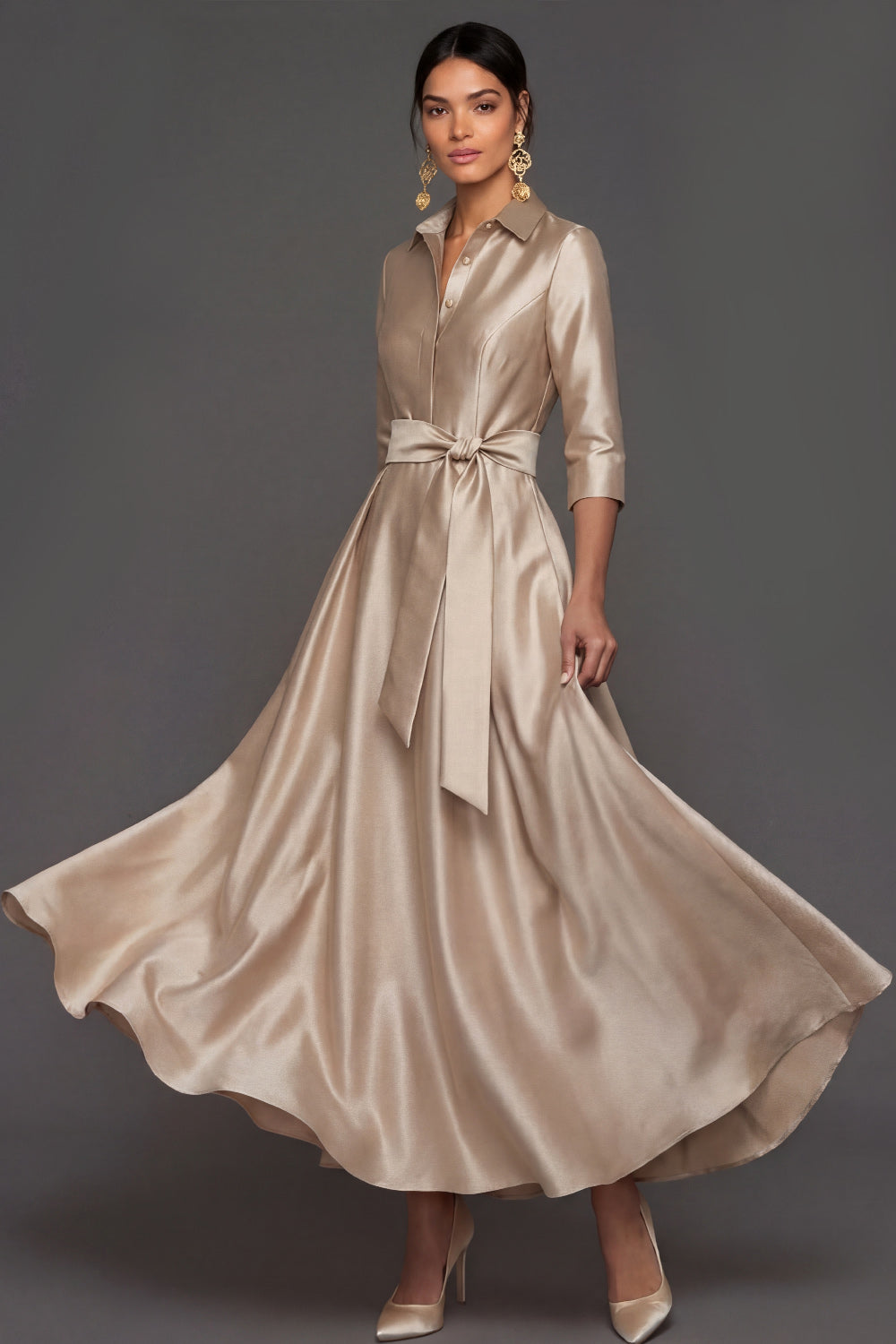 Champagne Collar Neck Satin A Line Maxi Wedding Guest Dress with Sash