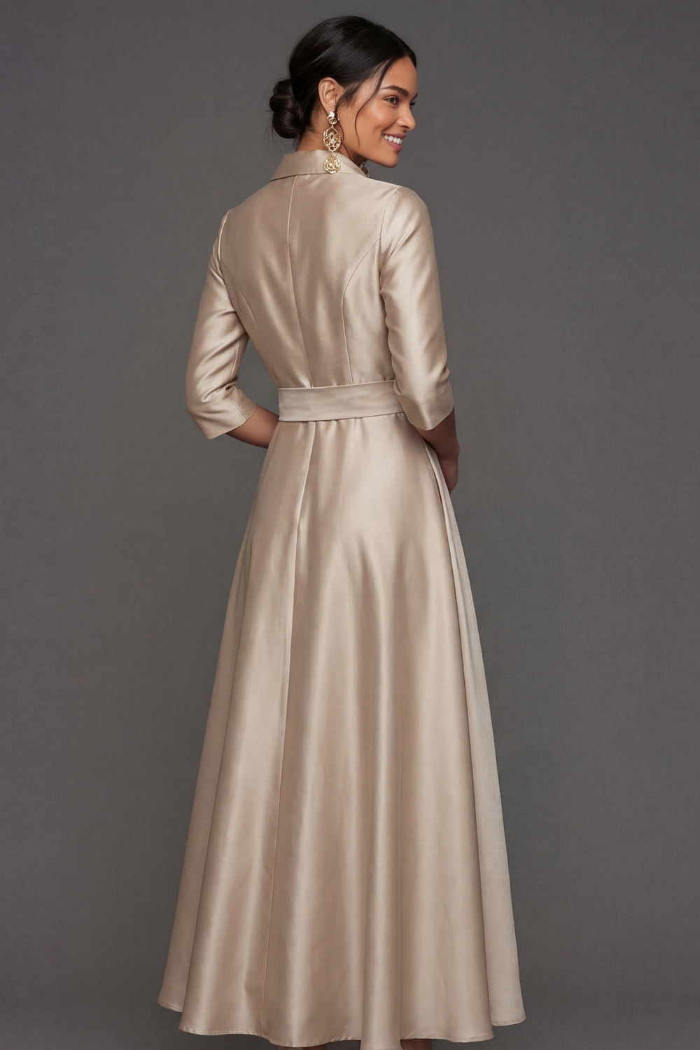 Champagne Collar Neck Satin A Line Maxi Wedding Guest Dress with Sash