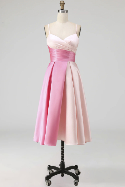 Pink A Line Ruched Spaghetti Straps Midi Wedding Guest Dress