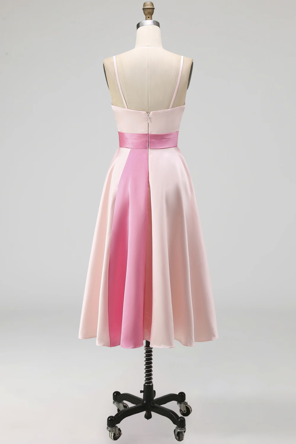 Pink A Line Ruched Spaghetti Straps Midi Wedding Guest Dress