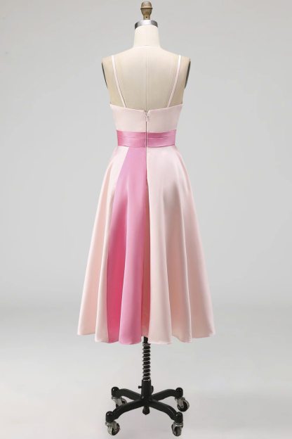 Pink A Line Ruched Spaghetti Straps Midi Wedding Guest Dress