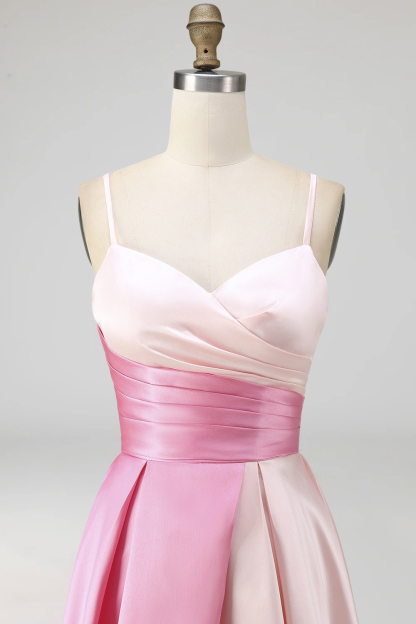Pink A Line Ruched Spaghetti Straps Midi Wedding Guest Dress