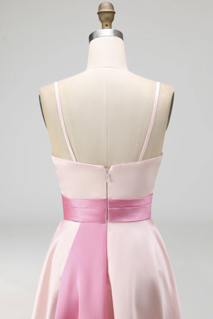 Pink A Line Ruched Spaghetti Straps Midi Wedding Guest Dress