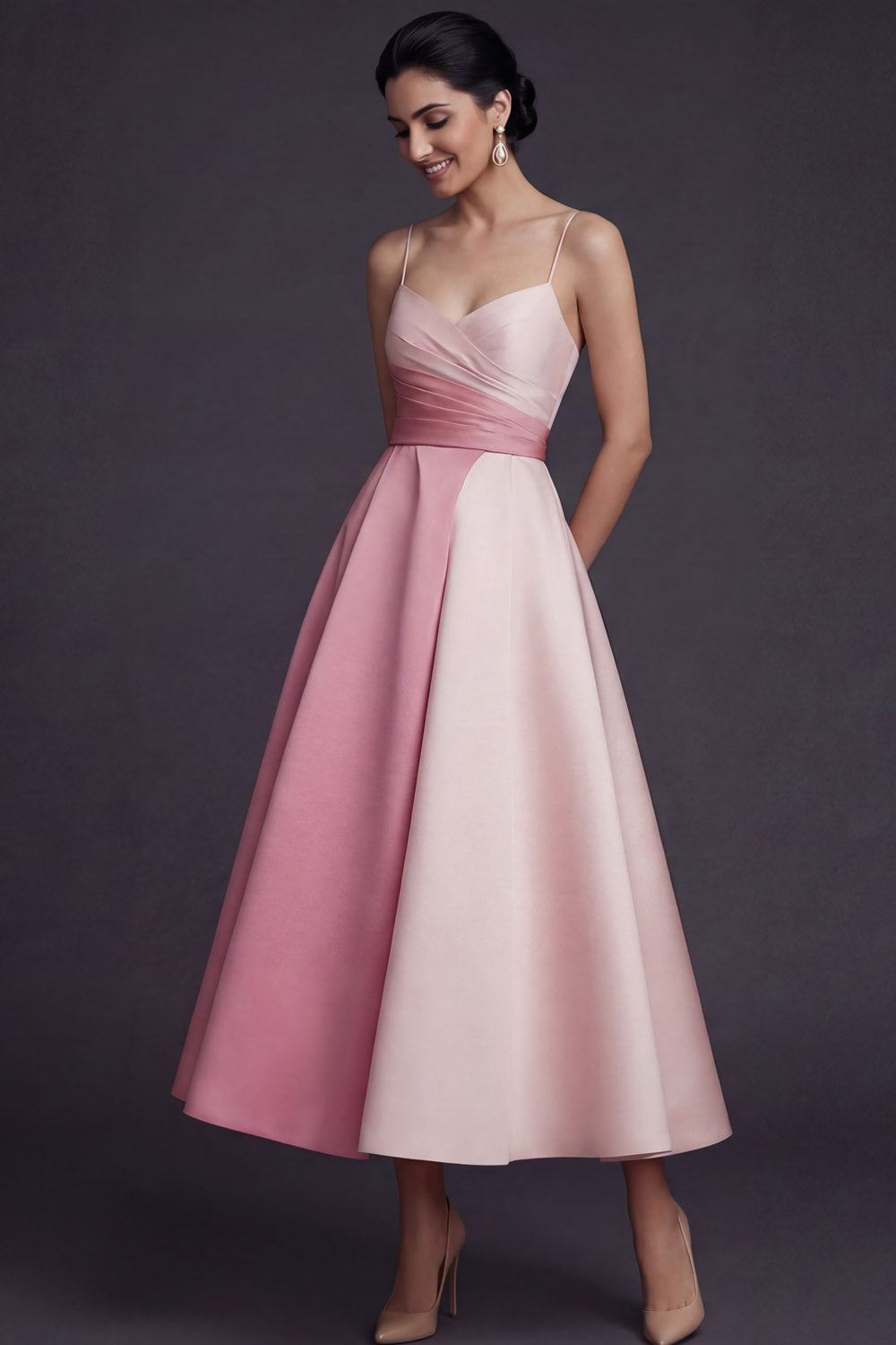 Pink A Line Ruched Spaghetti Straps Midi Wedding Guest Dress