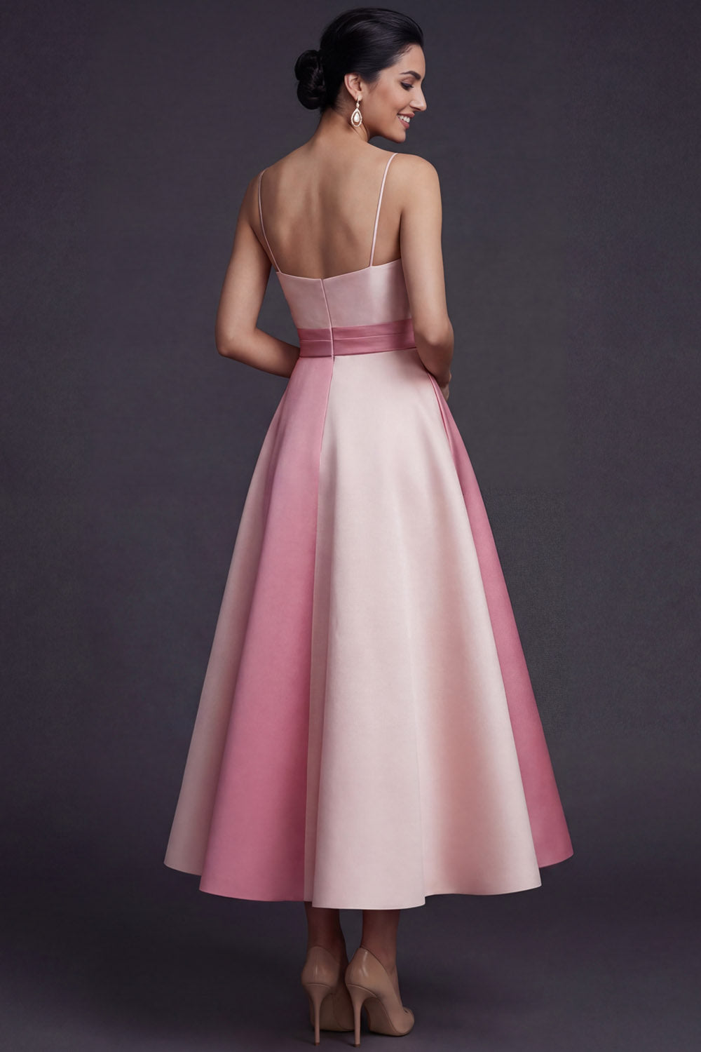 Pink A Line Ruched Spaghetti Straps Midi Wedding Guest Dress