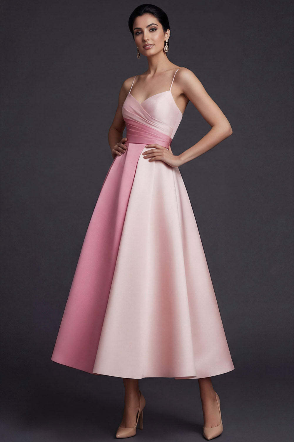 Pink A Line Ruched Spaghetti Straps Midi Wedding Guest Dress