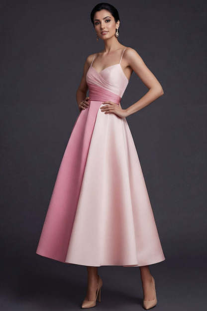 Pink A Line Ruched Spaghetti Straps Midi Wedding Guest Dress