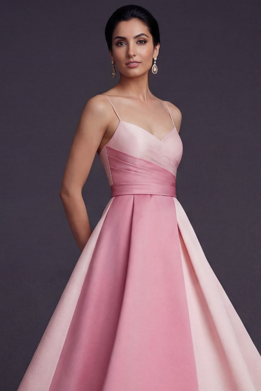 Pink A Line Ruched Spaghetti Straps Midi Wedding Guest Dress