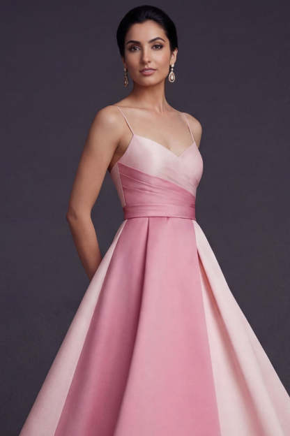 Pink A Line Ruched Spaghetti Straps Midi Wedding Guest Dress