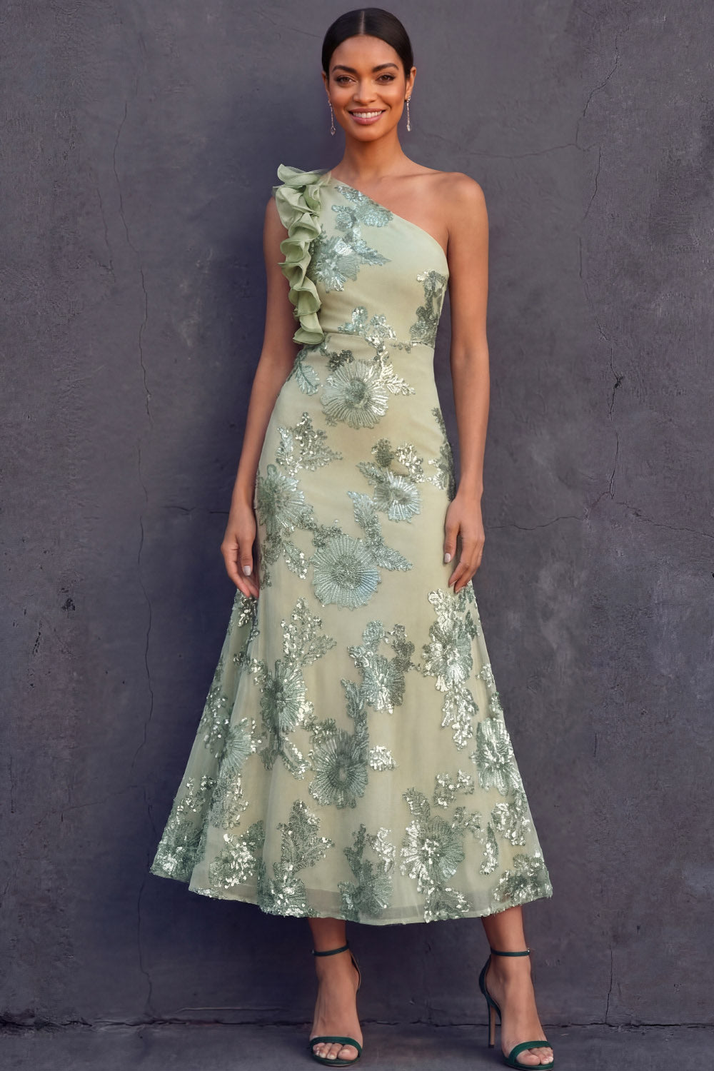 Green Floral One Shoulder Ruffled Midi Formal Dress
