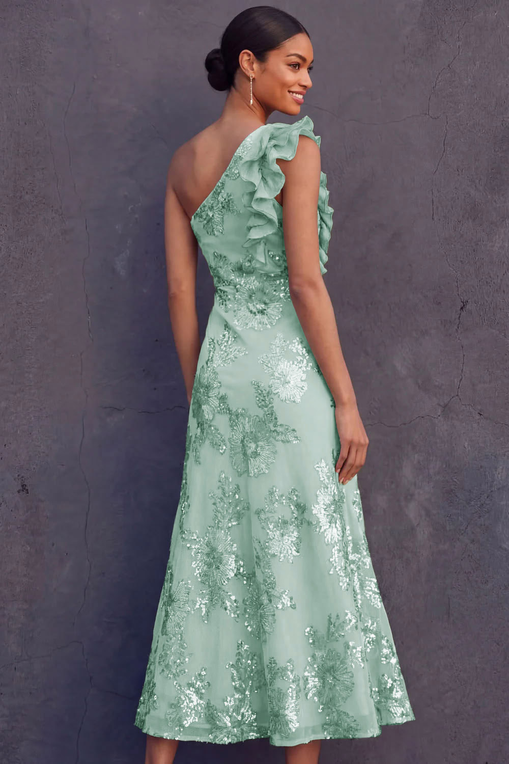 Green Floral One Shoulder Ruffled Midi Formal Dress