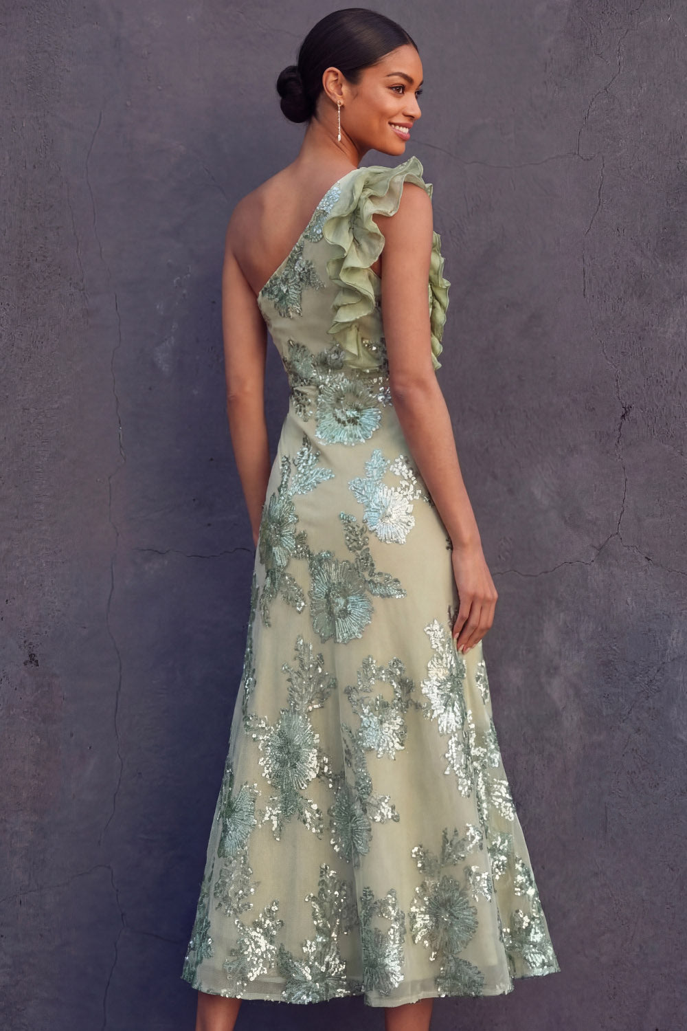 Green Floral One Shoulder Ruffled Midi Formal Dress