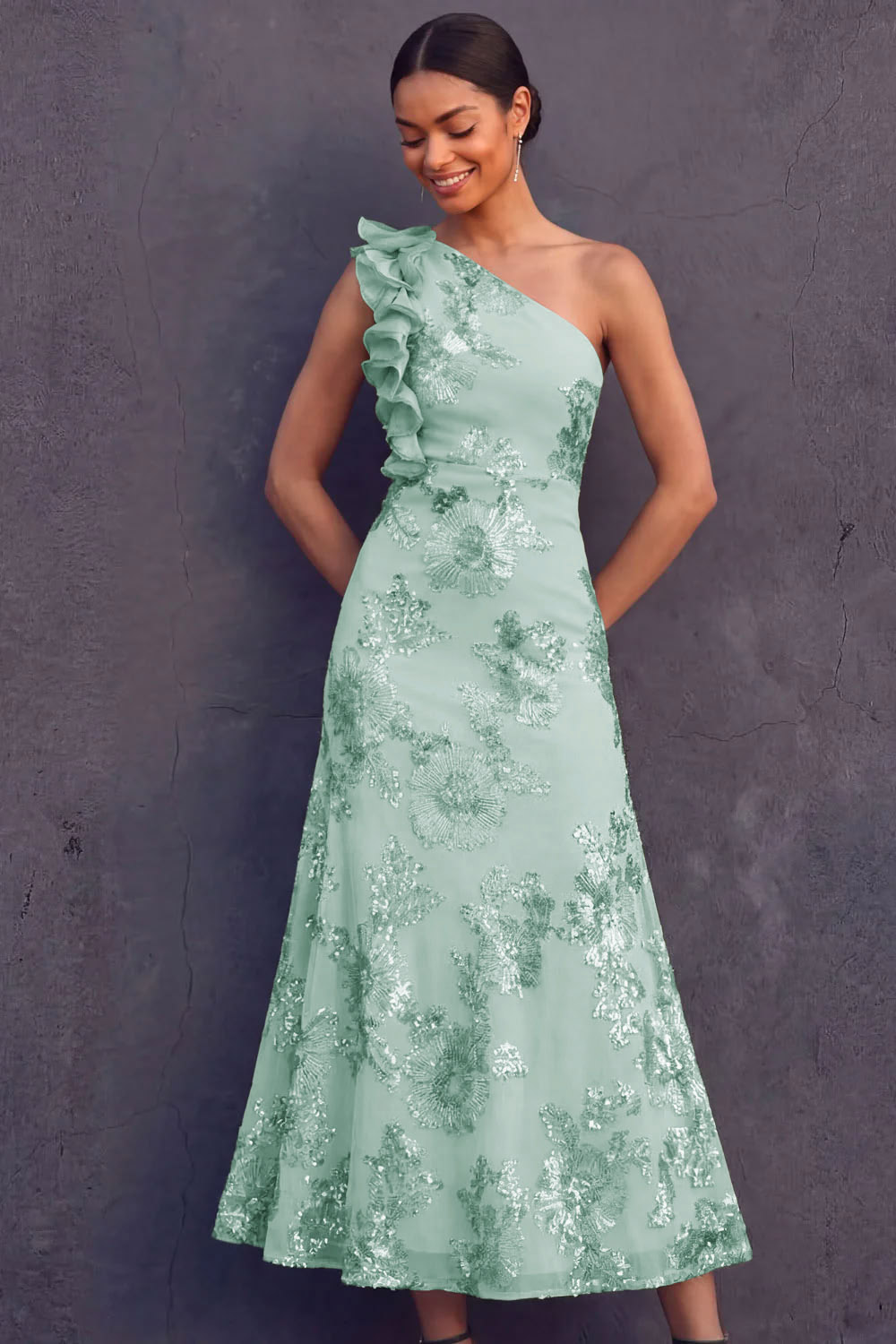 Green Floral One Shoulder Ruffled Midi Formal Dress