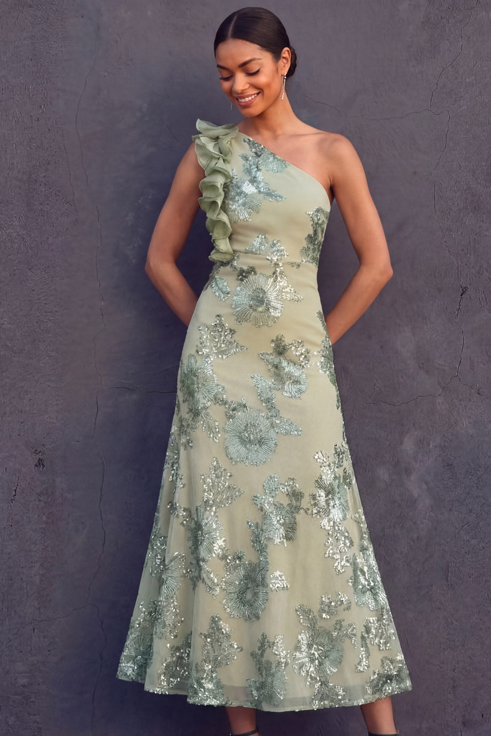 Green Floral One Shoulder Ruffled Midi Formal Dress