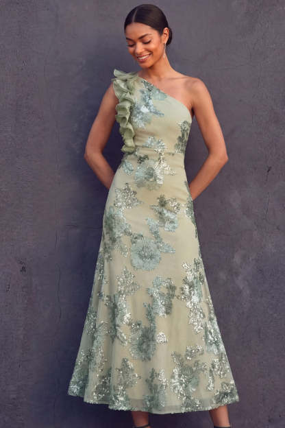 Leely Women Green Floral One Shoulder Ruffled Midi Formal Dress Backless Sleeveless Wedding Guest Dress