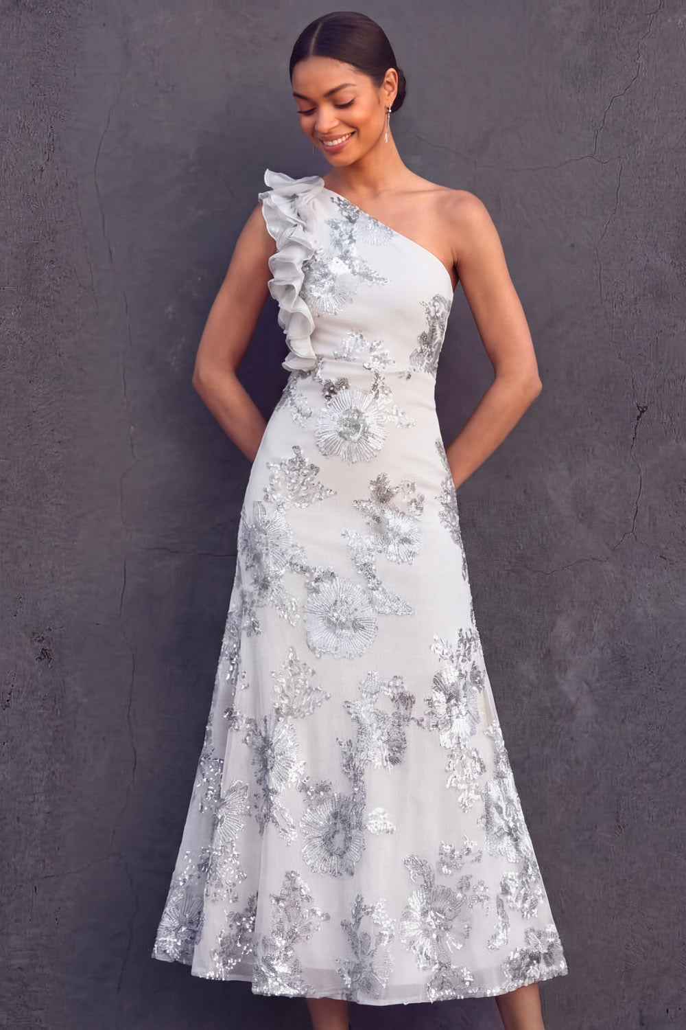 Floral One Shoulder White Ruffled Midi Engagement Dress