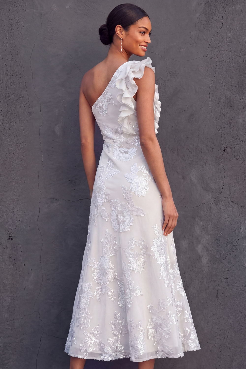 Floral One Shoulder White Ruffled Midi Engagement Dress