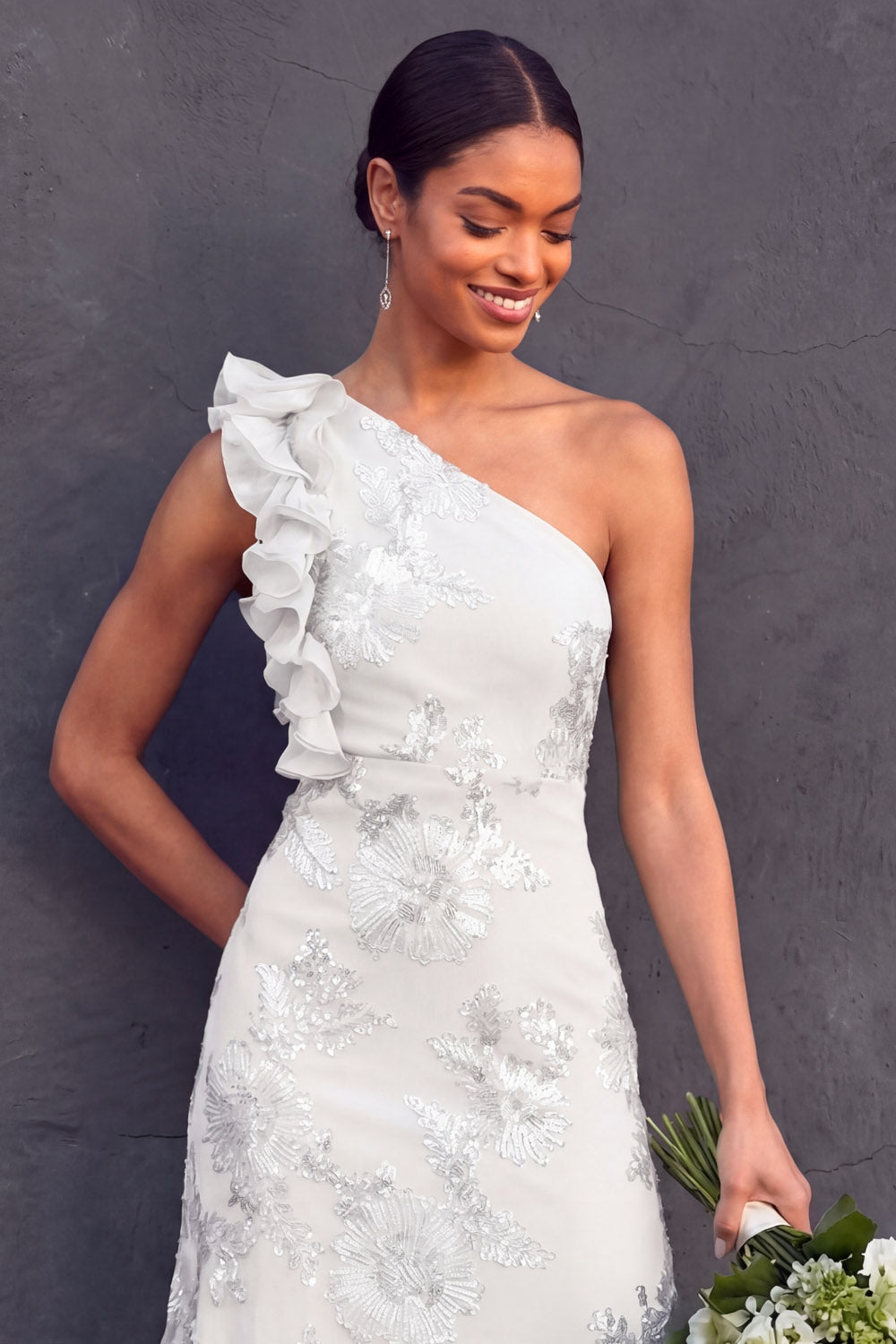 Green Floral One Shoulder Ruffled Midi Formal Dress