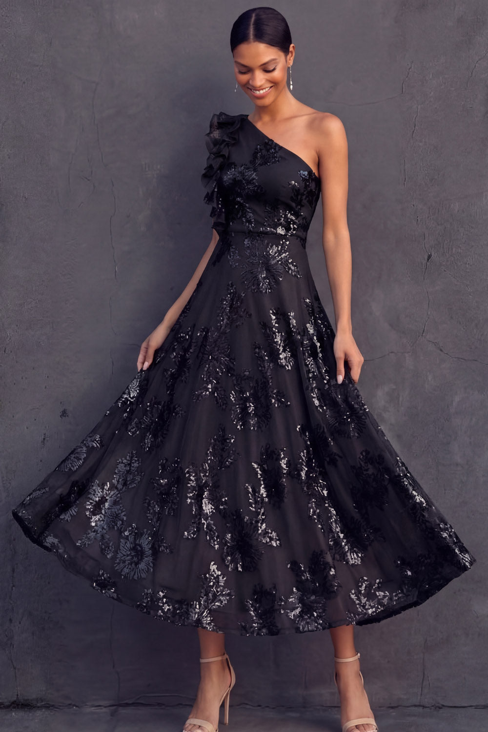 Black Floral A Line One Shoulder Midi Weeding Guest Dress
