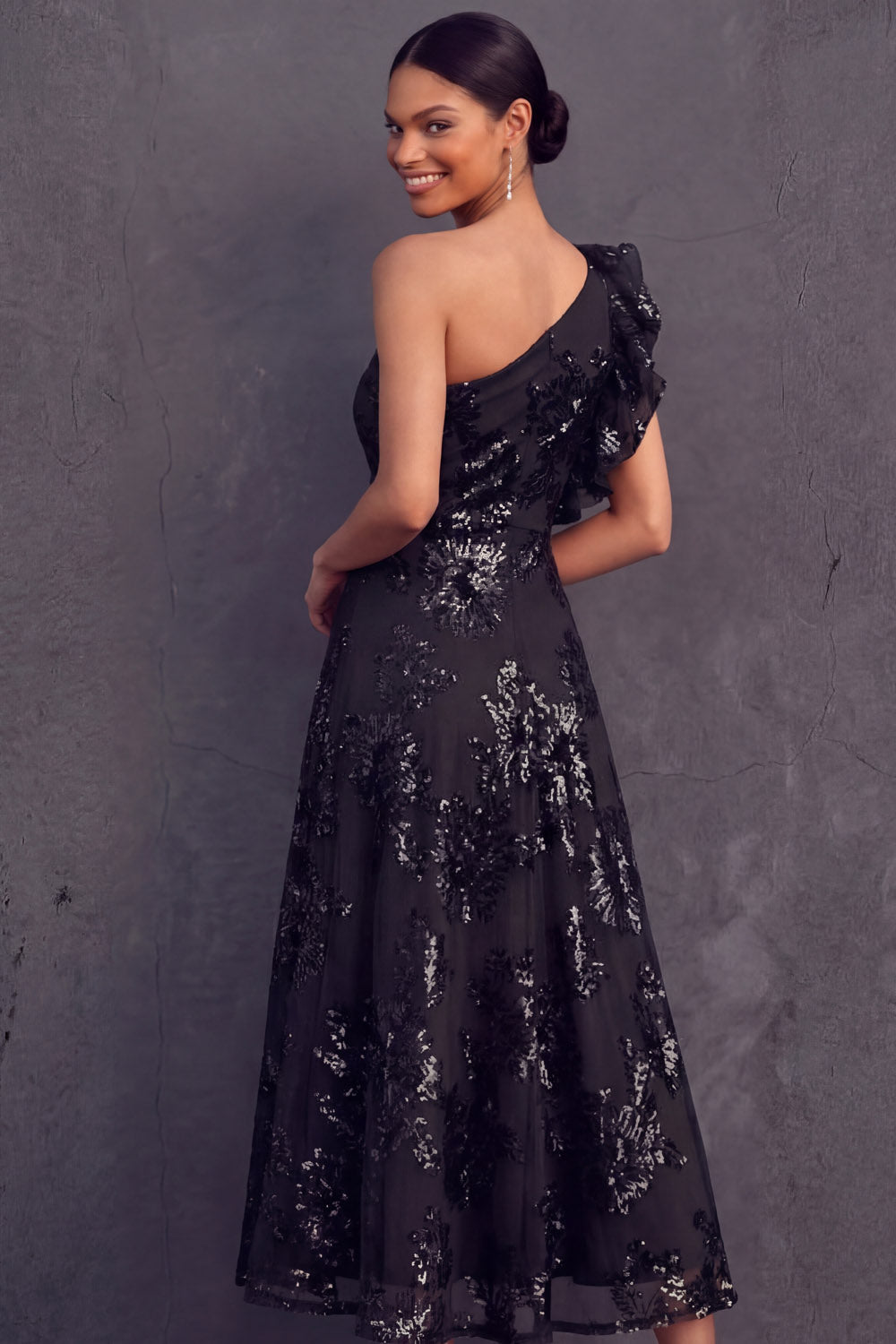 Black Floral A Line One Shoulder Midi Weeding Guest Dress