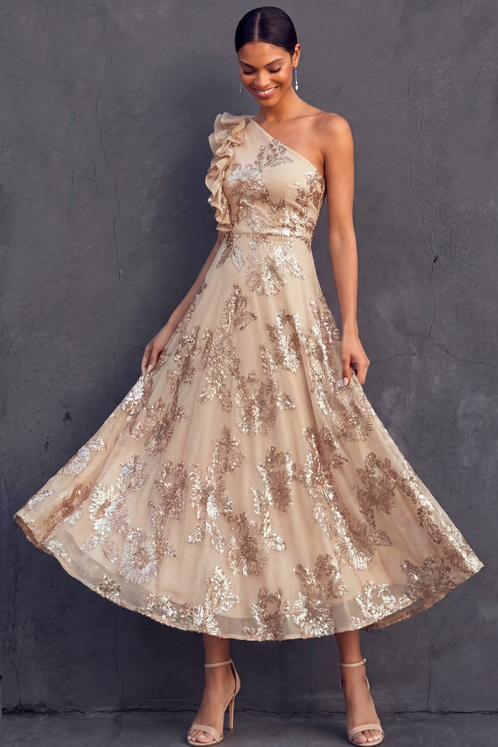 Leely Women Black Floral A Line One Shoulder Midi Weeding Guest Dress Appliqued Backless Evening Dress