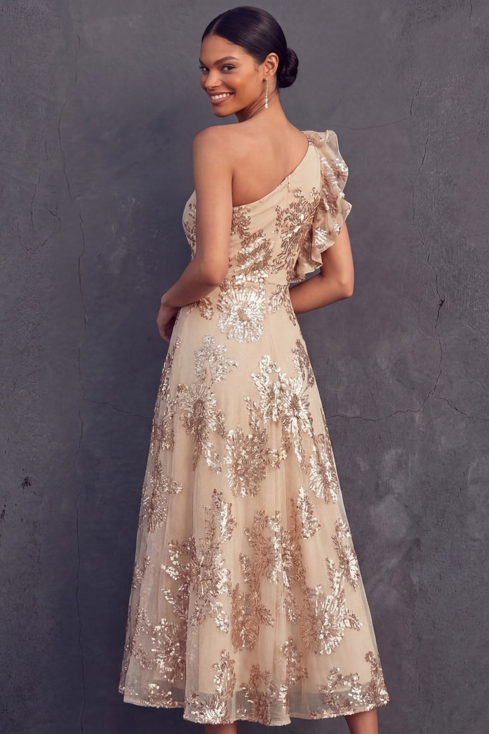 Black Floral A Line One Shoulder Midi Weeding Guest Dress